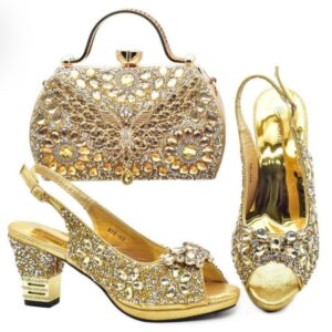Golden Crystal Filigree Matching Bag & Shoe Set