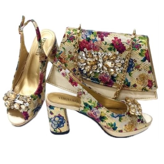 Ivory Floral Crystal Matching Bag & Shoe Set