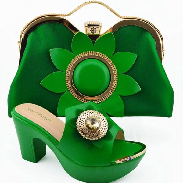 Emerald Satin Flower Matching Bag & Shoe Set