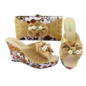 Champagne Pearl Bow Wedge Matching Bag & Shoe Set