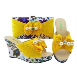 Sunshine Pearl Bow Wedge Matching Bag & Shoe Set
