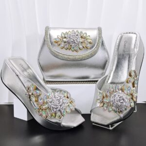 Silver Floral Crystal Matching Bag & Shoe Set