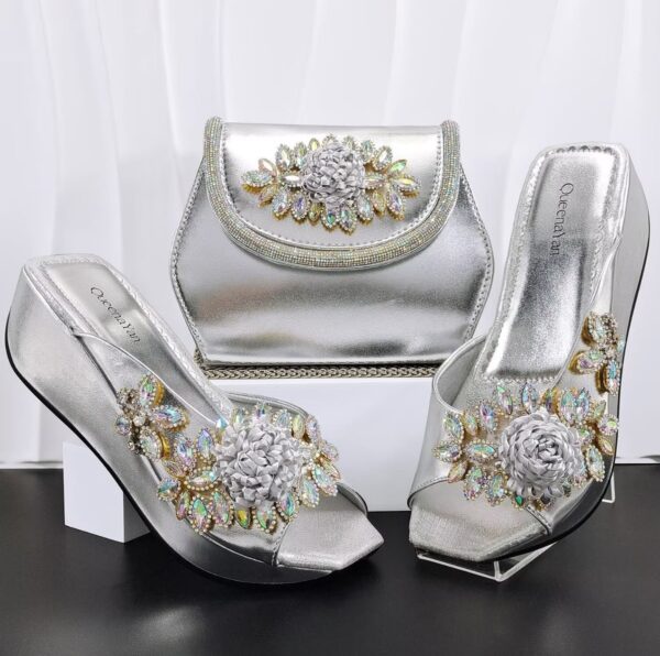 Silver Floral Crystal Matching Bag & Shoe Set