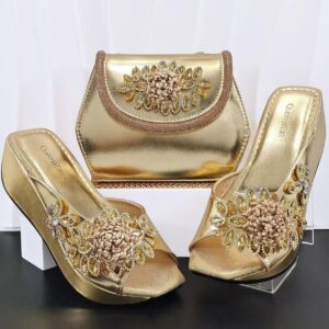 Gold Floral Crystal Matching Bag & Shoe Set
