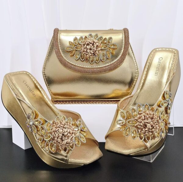Gold Floral Crystal Matching Bag & Shoe Set