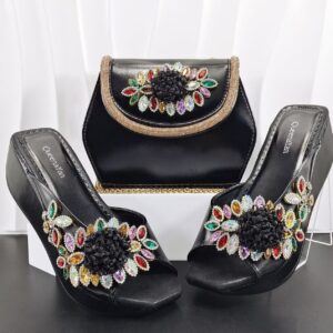 Midnight Black Multicolor Floral Crystal Matching Bag & Shoe Set