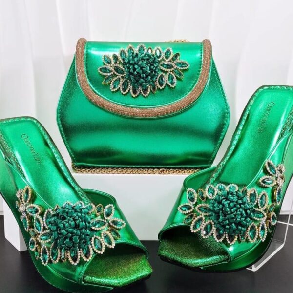 Emerald Green Floral Crystal Matching Bag & Shoe Set